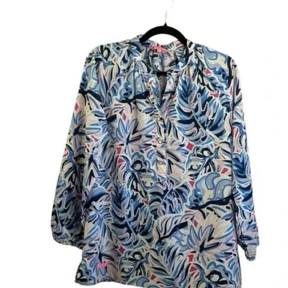 Simply Southern Preppy Floral Blue Long Sleeve Blouse Office MEDIUM - Picture 2 of 3